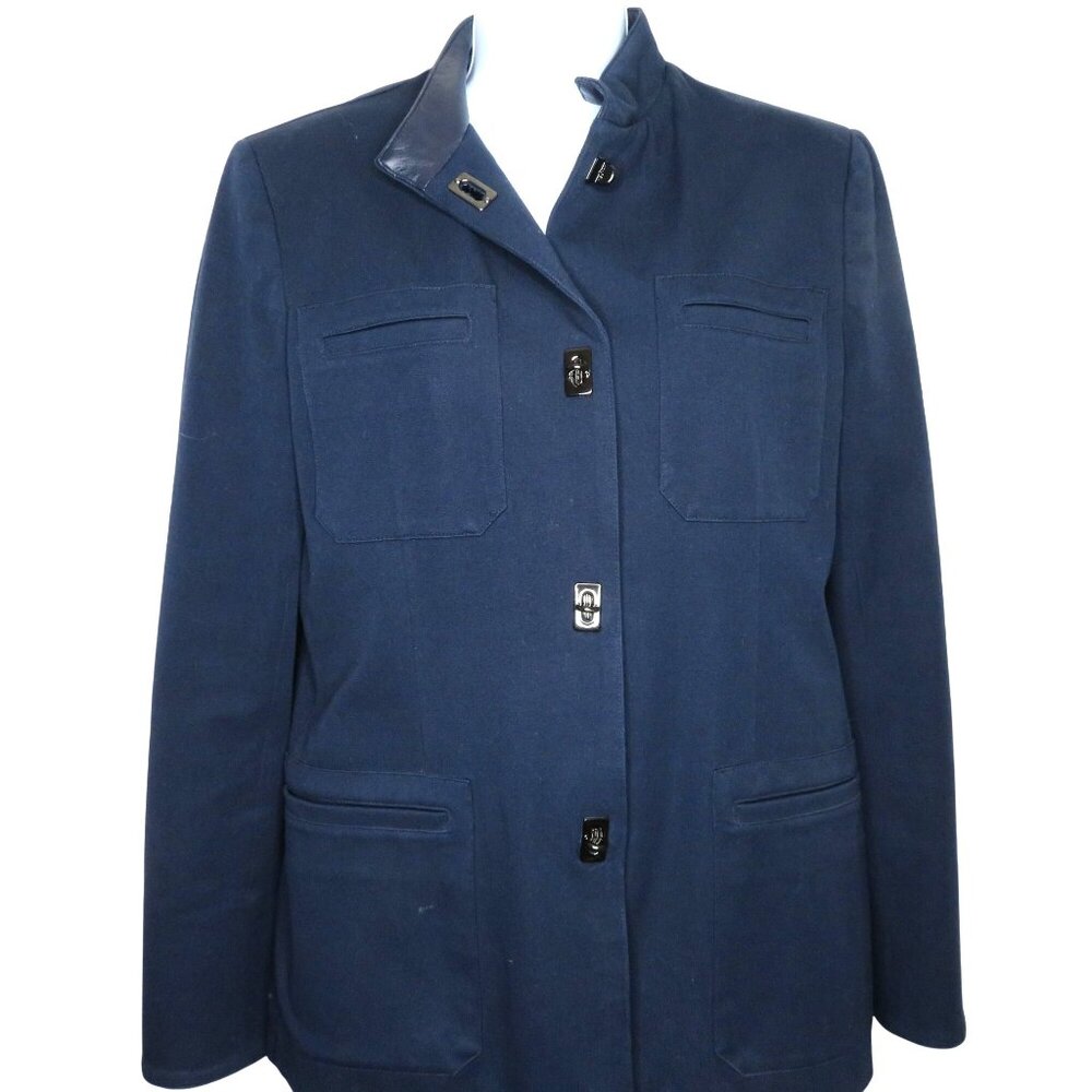 Vintage 90s Ralph Lauren Navy Military-Inspired Jacket Coat Leather Trim Collar